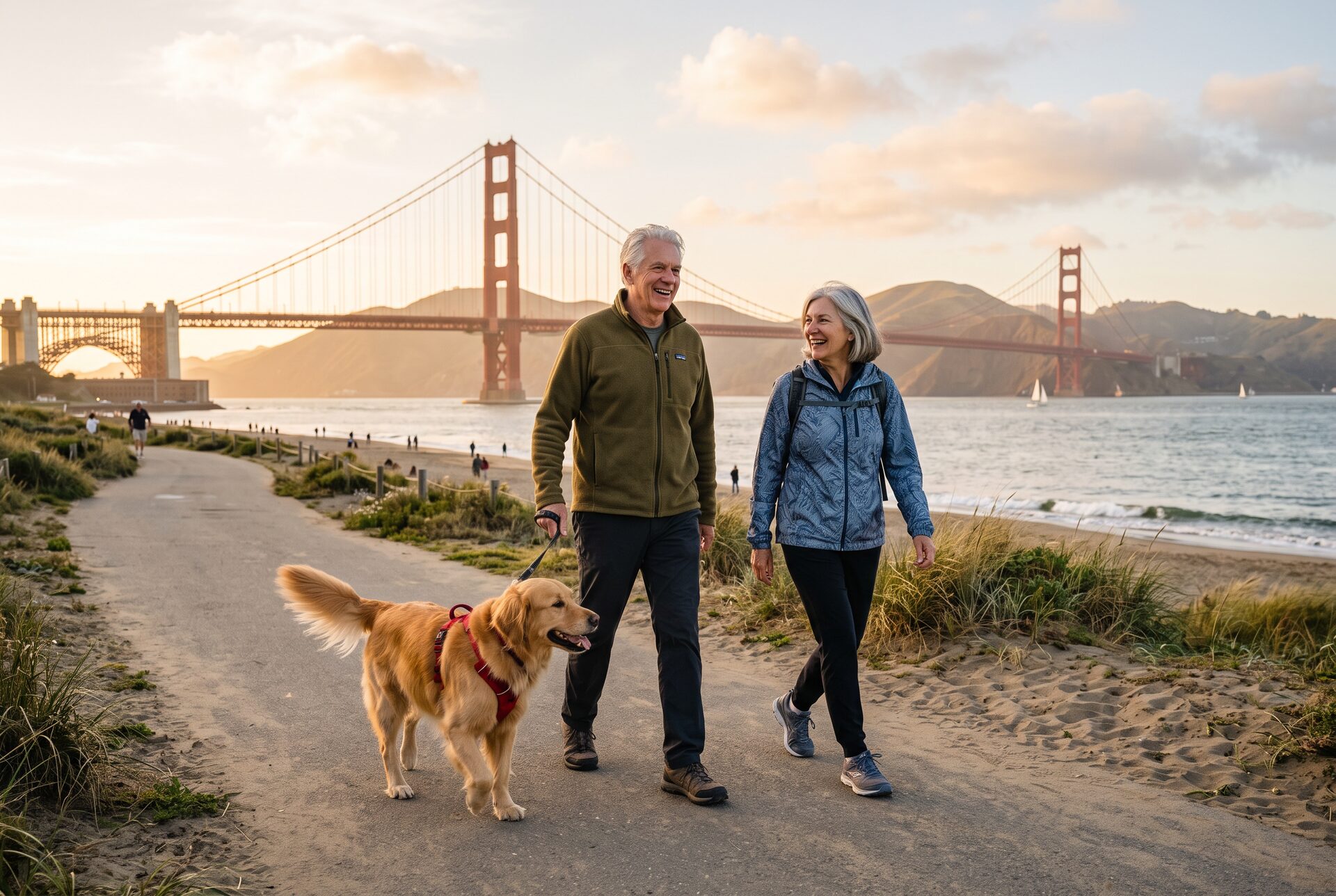 Walkers on a bayside path at Crissy Field in San Francisco